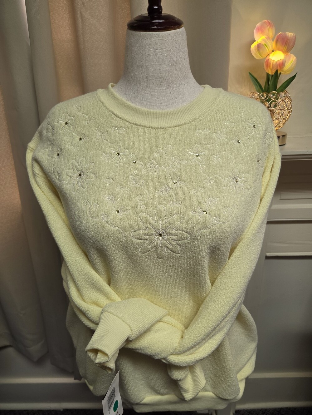 NWT BonWorth Pale Yellow Floral Crewneck Sweater Size XL
